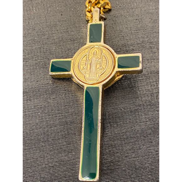 Gold tone St. Benedict Crucifix Pendant Necklace on Heavy Gold tone box chain. - Picture 11 of 16